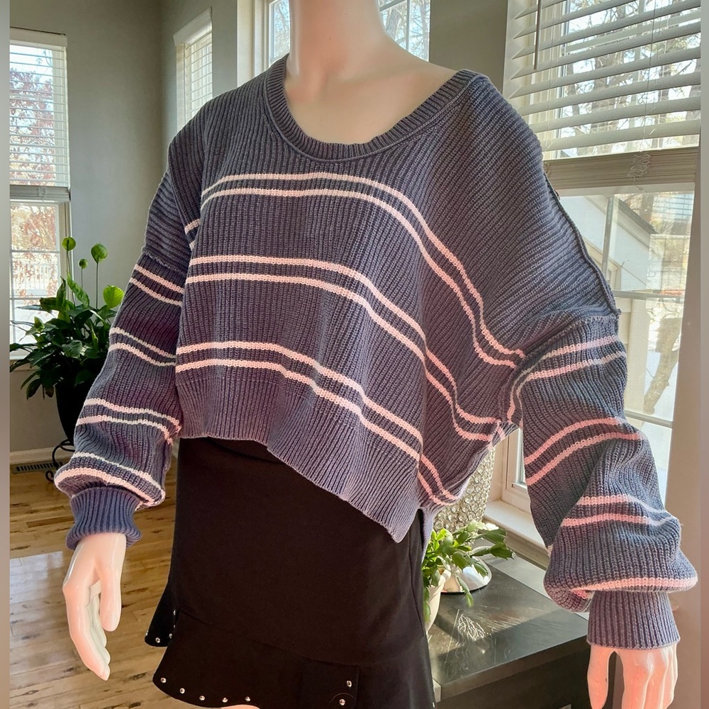 Aerie Blue and White Striped Chunky Drop Shoulder Slouchy Career Woman Medium - Picture 5 of 16